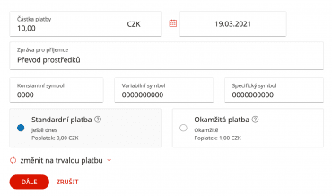 mBank nově podporuje i odchozí okamžité platby. (19. 3. 2021)