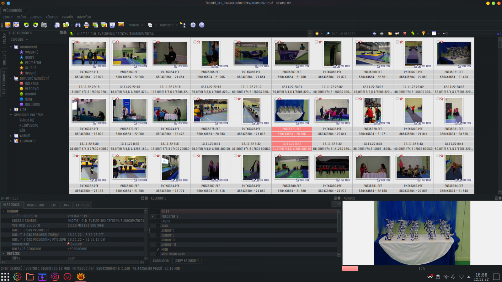 Prostředí aplikace XnViewMP 1.3.1 s načtenými RAW snímky (formát PEF) z fotoaparátu Pentax K-S2