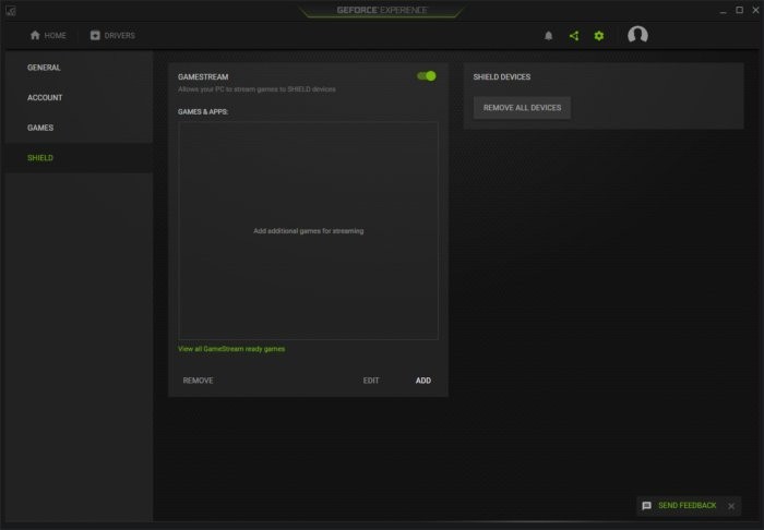 Volba GameStream v nastavení GeForceExperience firmy Nvidia