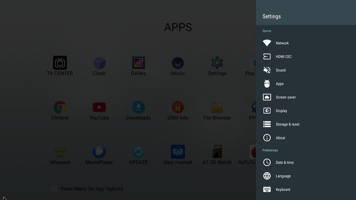Mecool M8S Pro W - Ovládací menu a GUI