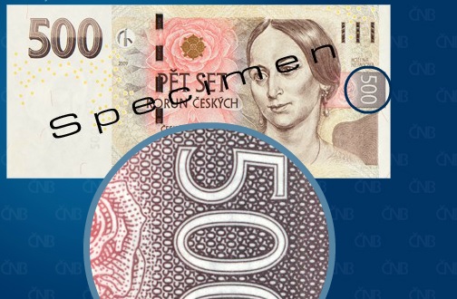 500 Kč, líc, mikrotext v pruhu napravo od portrétu