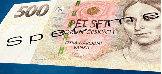 500 Kč, líc, obrázek s proměnlivou barvou - barva se mění po změně polohy bankovky