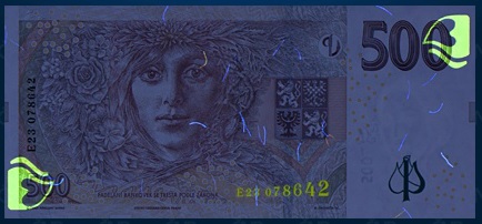 500 Kč, rub, bankovka pod UV světlem