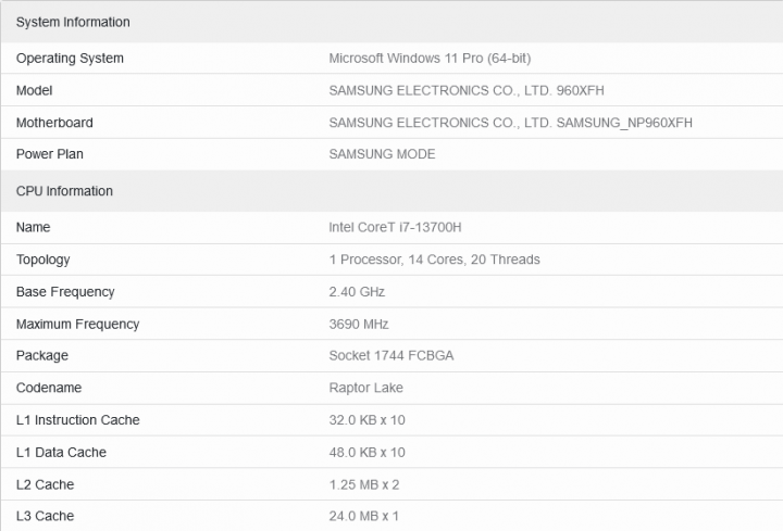 Intel Core i7 13700H v databázi Geekbench