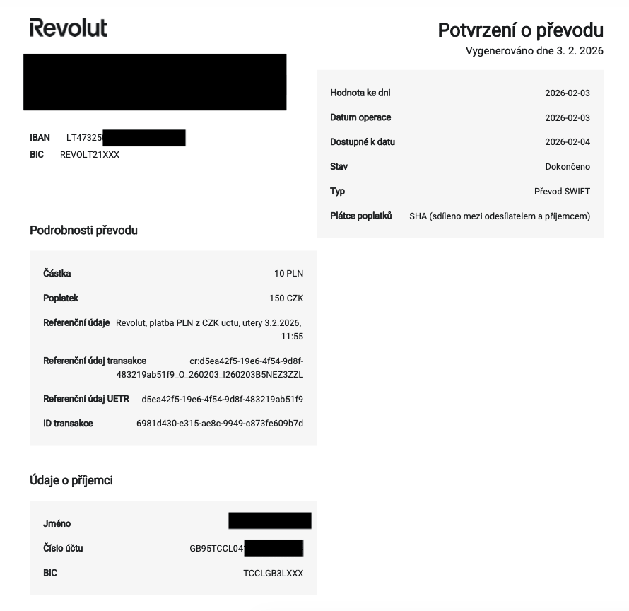 Revolut zahraniční platby vždy odesílá s vaším litevským IBANem. (03. 02. 2026)