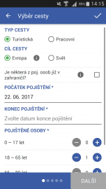 Sjednání cestovního pojištění on-line přímo v aplikaci.