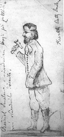 Smetana poklepává na základní kámen Národního divadla. Kresba Betty Smetanové.