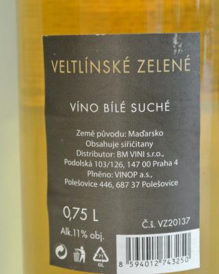Veltlínské zelené, víno bílé suché, země původu Maďarsko, alk. 11% obj., Víno bylo falšováno přídavkem 28 % vody a nadlimitním množstvím etanolu z přidaného cukru. V chuti a vůni byla patrná oxidáza. Oxidáza vína je vadou, kdy víno má většinou velmi vysokou až nahnědlou barvu a chuť a vůni po jablkách.
