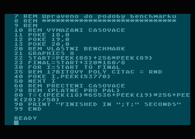 Benchmark pro vyplnění obrazovky zapsaný v prostředí Atari BASICu.