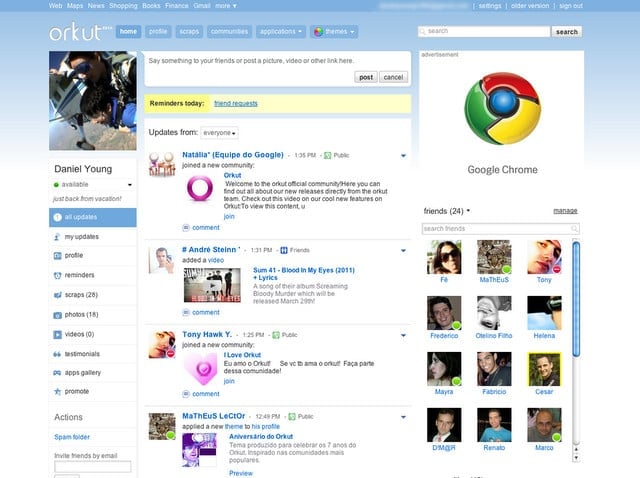 Orkut byla sociální síť, která byla uživateli velmi kladně přijímána. Pak ale nastoupil Facebook a Orkut zapadl. V roce 2014 byl proto zrušen.