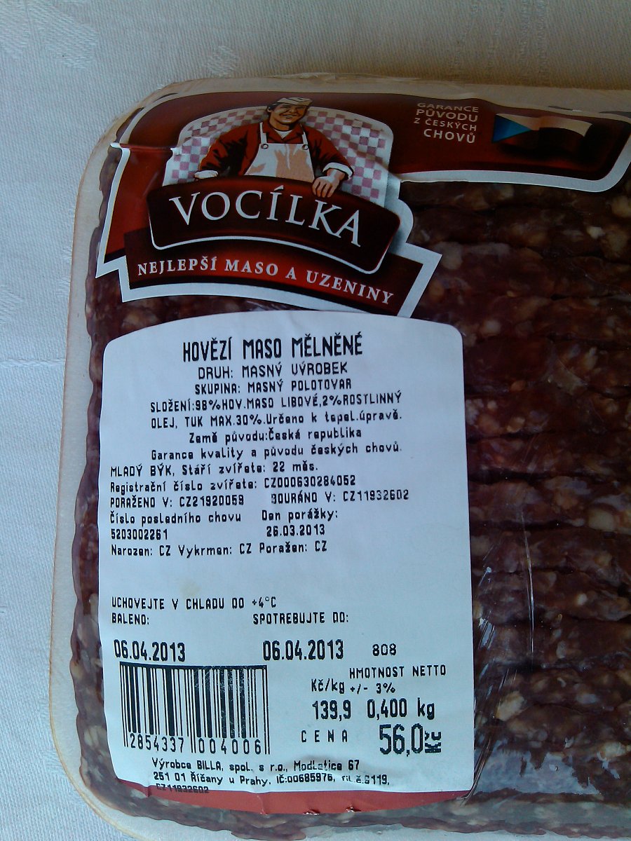 Hovězí maso mělněné, polotovar, 98 % masa, 0,4 kg za 56,00 Kč, 139,90 Kč/kg výrobku, Billa - Vocílka, obsahuje rostlinný olej
