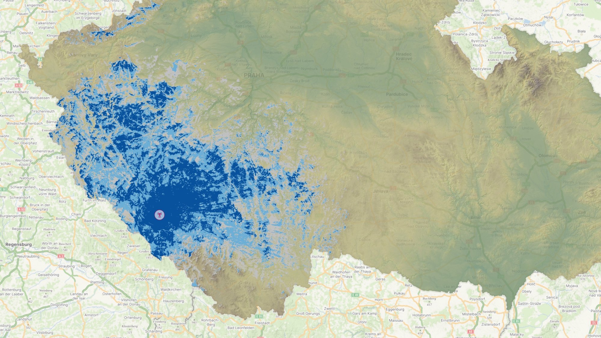Simulace pokrytí signálem z televizního vysílače Svatobor (DVB-T2 síť České televize, 26. kanál)