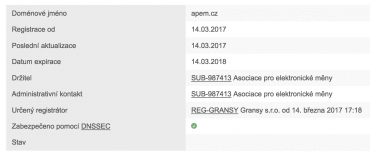Doména Asociace pro elektronické měny je registrovnána čerstvě od 14. 3. 2017 (screenshot 15. 3. 2017)