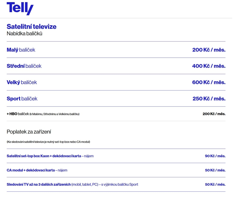 Tarify a balíčky satelitní distribuce - říjen 2020