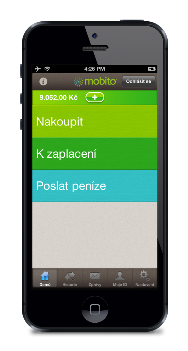 Přes tuto obrazovku pak budete nakupovat, platit a posílat peníze do jiného Mobita.