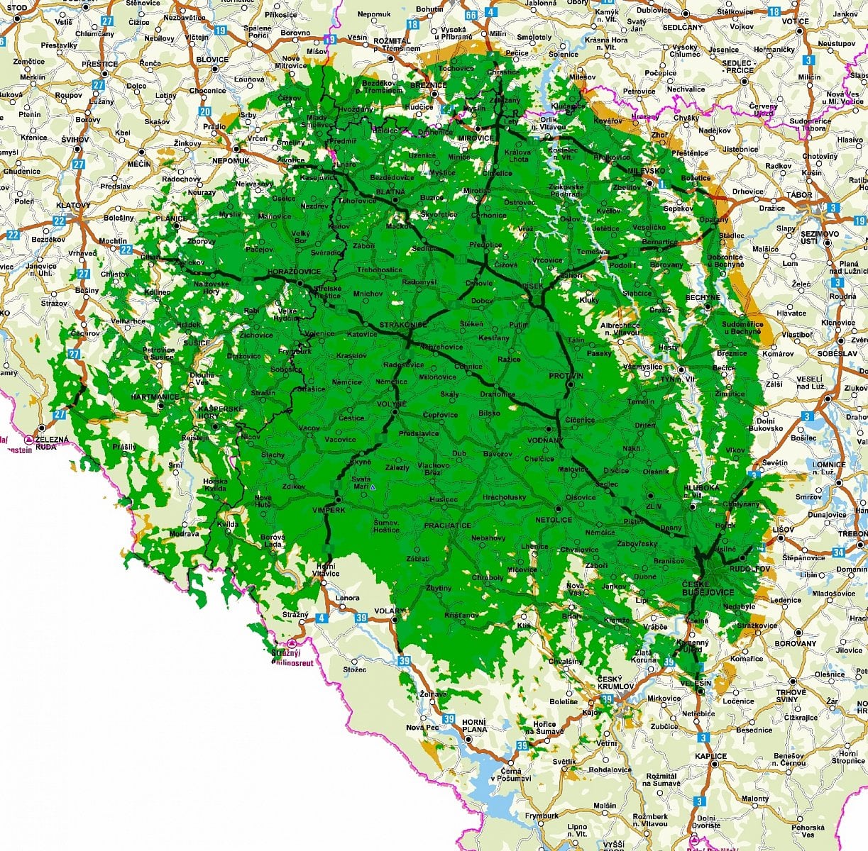Pokrytí DVB-T vysílačů Kleť a Mařský vrch