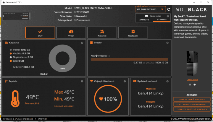 WD Black SN770 Dashboard