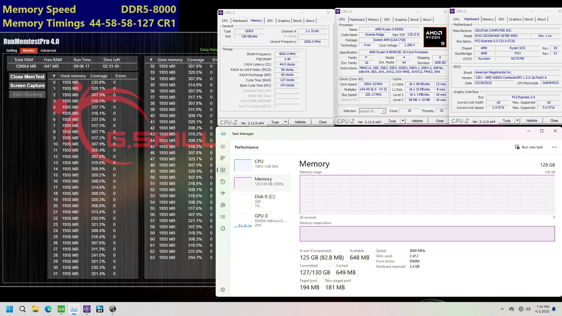 Ověření běhu 64GB modulů G.Skill na desce Asus ROG Crosshair X870E Apex