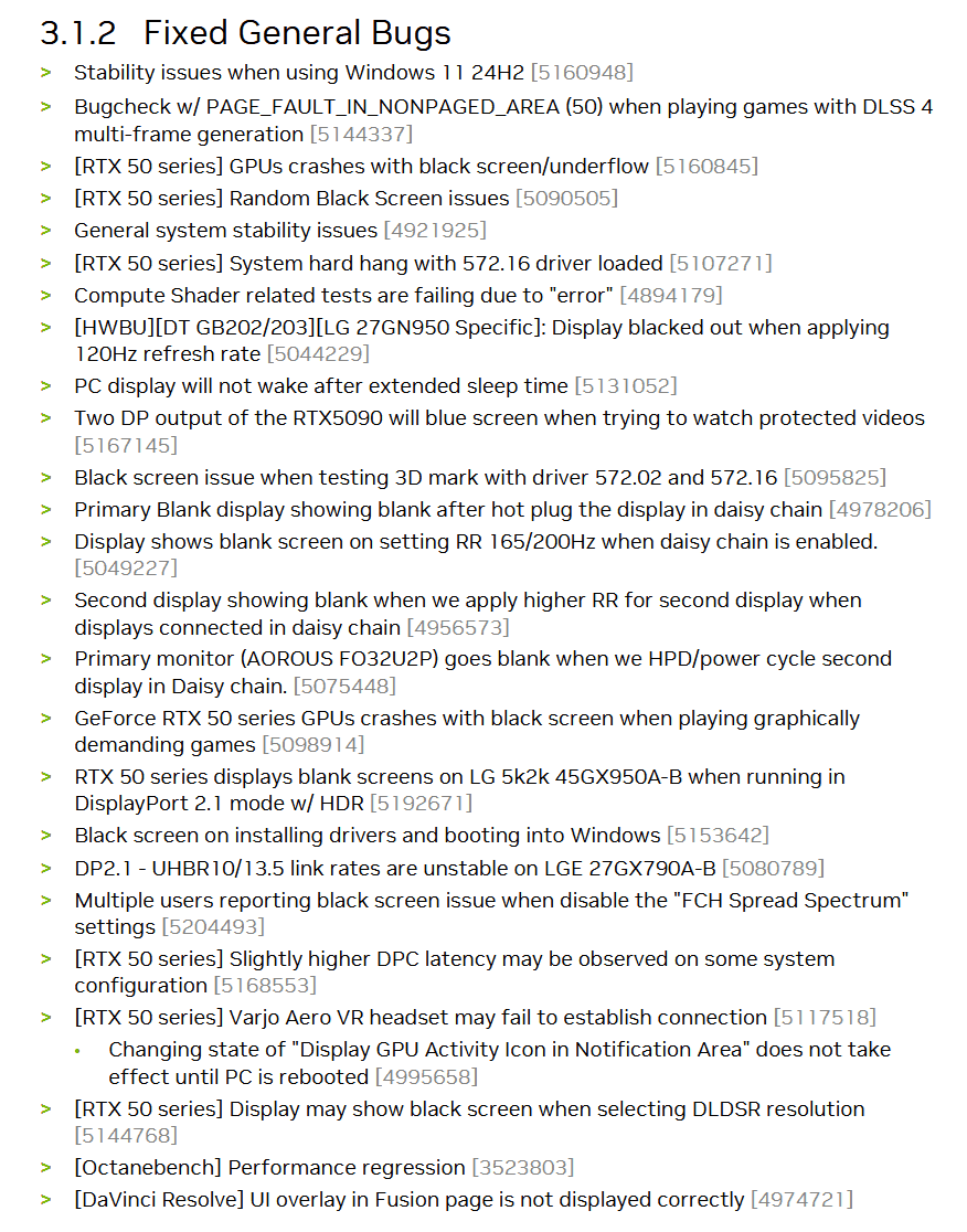 Seznam chyb opravených v ovladačích Nvidia GeForce 576.02. Neobsahuje chyby v individuálních hrách