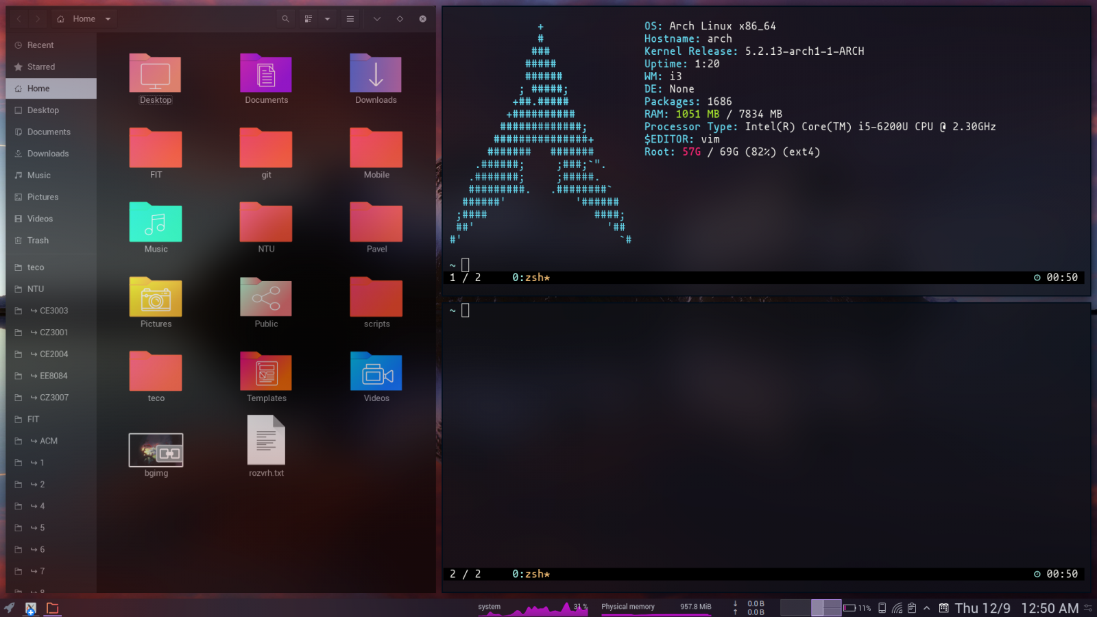 i3wm + plasmashell, nautilus, termite, compton, GTK téma: Cloak-3.20, Qt téma: Sweet theme, ikonky: candy-icons