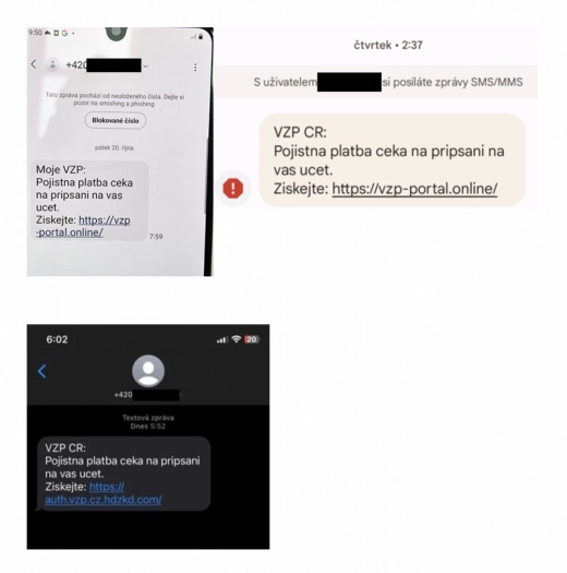 Jak vypadají podvodné SMS vydávající se za zprávy VZP?