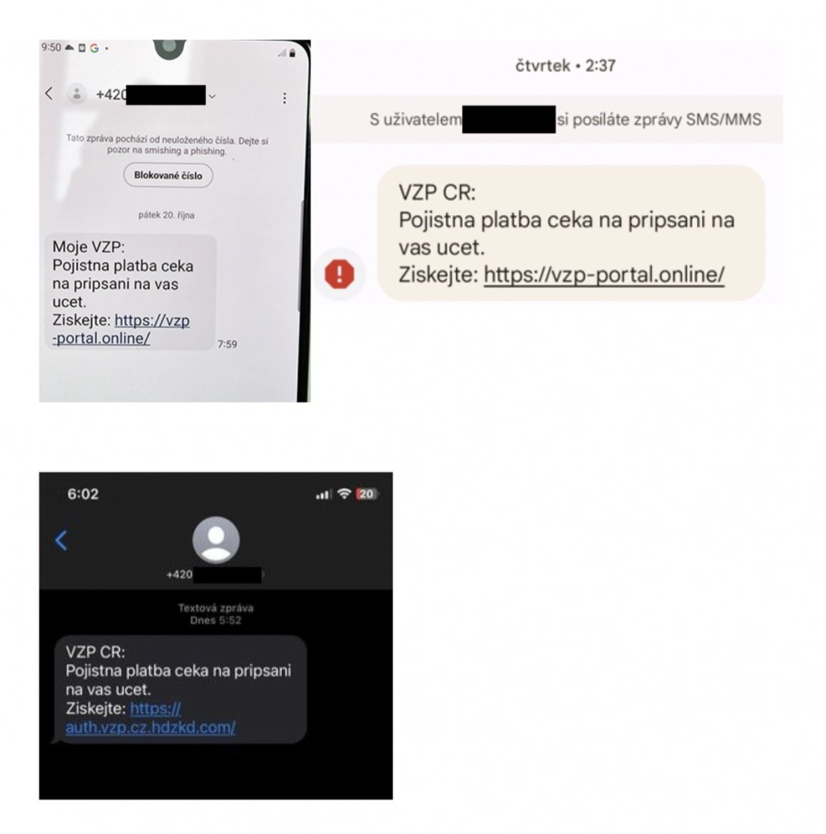 Jak vypadají podvodné SMS vydávající se za zprávy VZP?