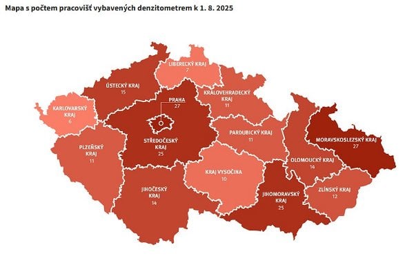 Mapa s počtem pracovišť vybavených denzitometrem