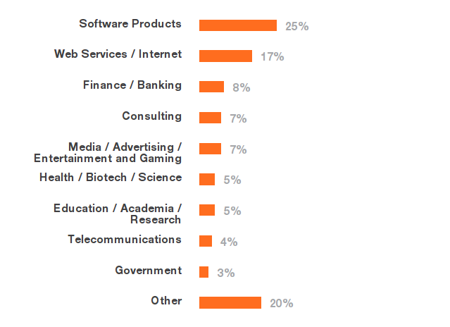 Jen čtvrtina respondentů vyvíjí klasické softwarové produkty. Celkem 17 % se zabývá webovými technologiemi, dále pak následují odvětví zaměstnávající méně než 10 % vývojářů.