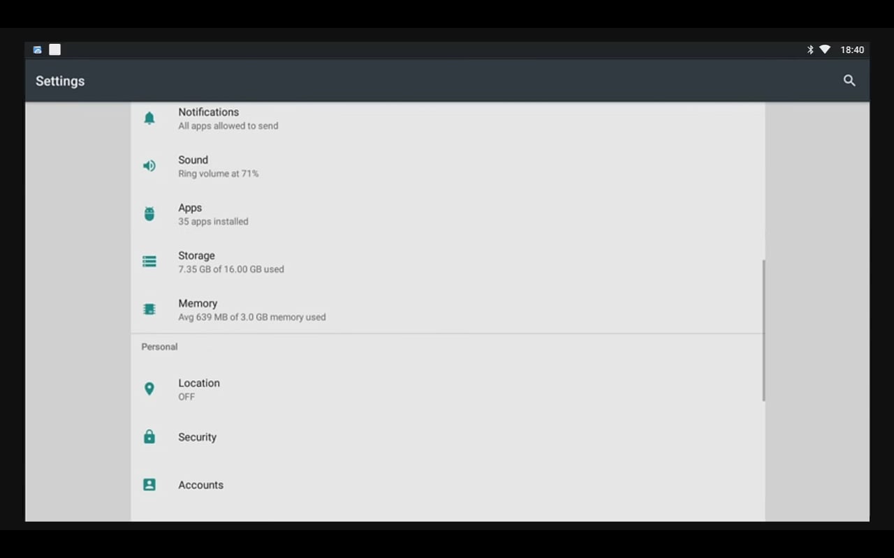 Android 7.1 (menu nastavení a preferencí)