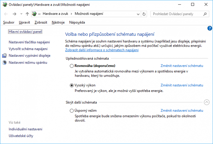 Výběr plánu řízení spotřeby najdete v dialogu Možnosti napájení. Ve Windows 10 a 8.1 se k němu dostanete například kontextovou nabídkou spuštěnou pravým kliknutím na tlačítko Start