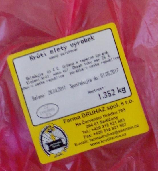 Výrobna Farma DRUHAZ, Sedlčany: Krůtí mletý výrobek - ve dvou z pěti vzorků byla prokázána přítomnost Salmonella spp., která může způsobit onemocnění salmonelózou