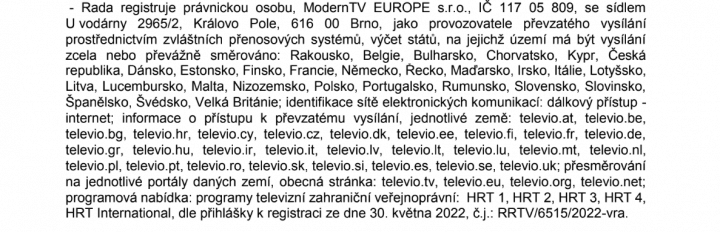 Registrace služby Televio jako provozovatele převzatého vysílání
