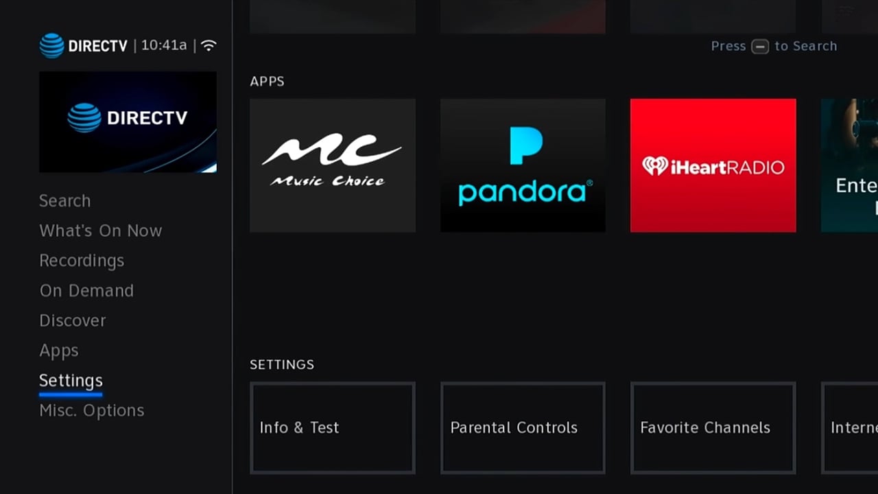 DIRECTV - Hlavní menu