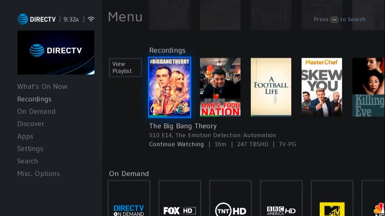 DIRECTV - Hlavní menu