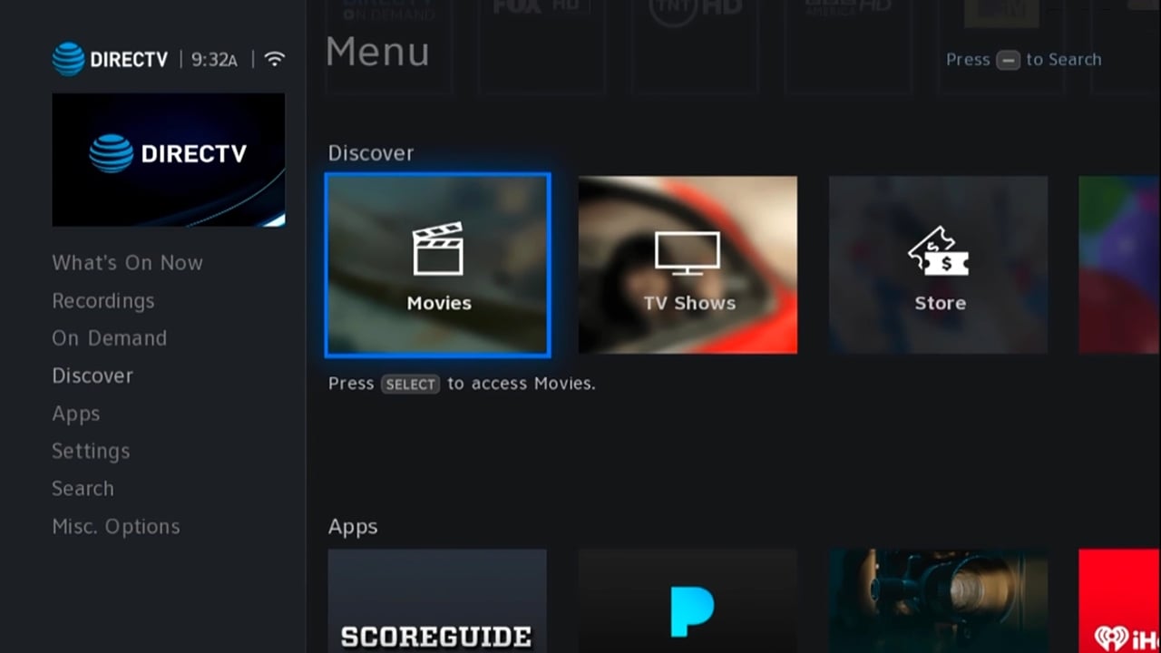 DIRECTV - Hlavní menu