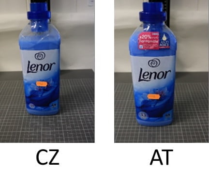 Rozměrově zcela stejná balení, odlišné plnění (CZ, SK, HU 930 ml; AT, SRN, 990 ml)
Senzorika: odlišnost CZ a SK výrobku