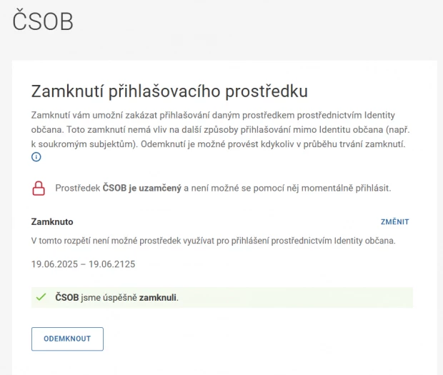 Identita občana - parametry zamknutí