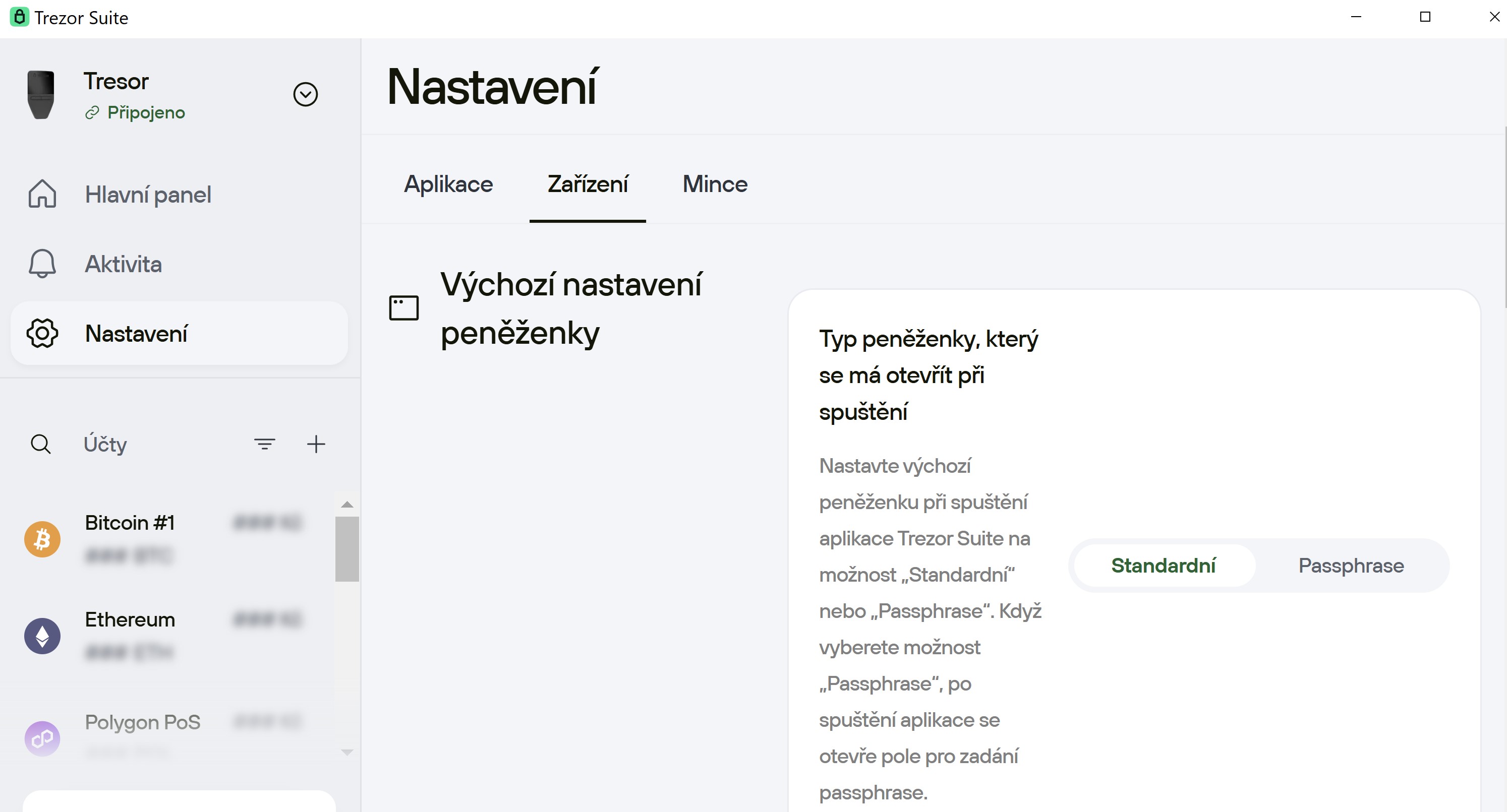 Trezor - skrytí peněženky použitím passphrase