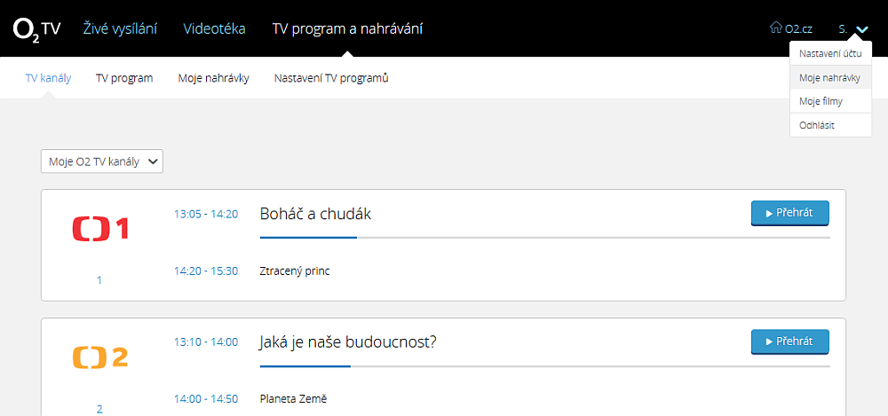 Volba "TV program a nahrávání", a "TV kanály".