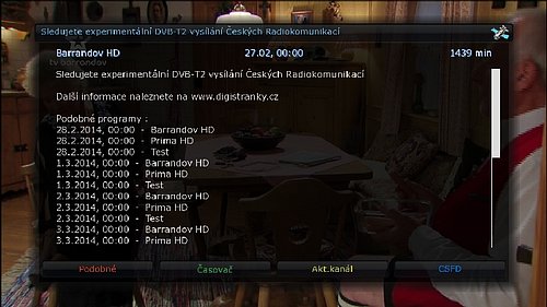 Elektronický programový průvodce DVB-T2 experimentu obsahu tyto informace.