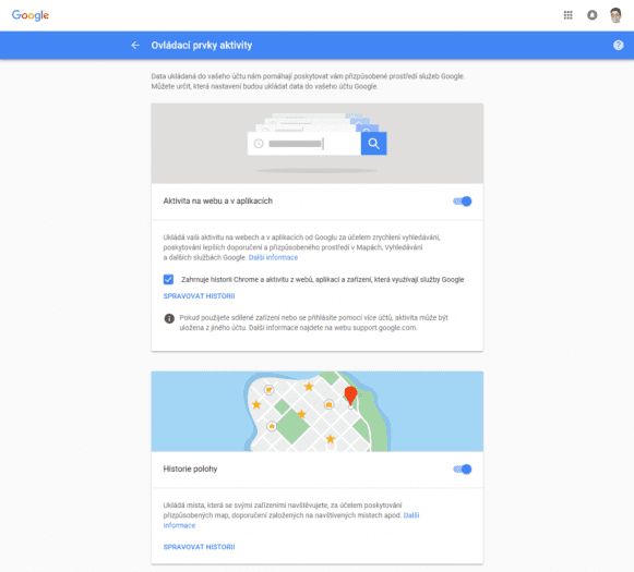 Historie polohy a aktivit u Googlu
