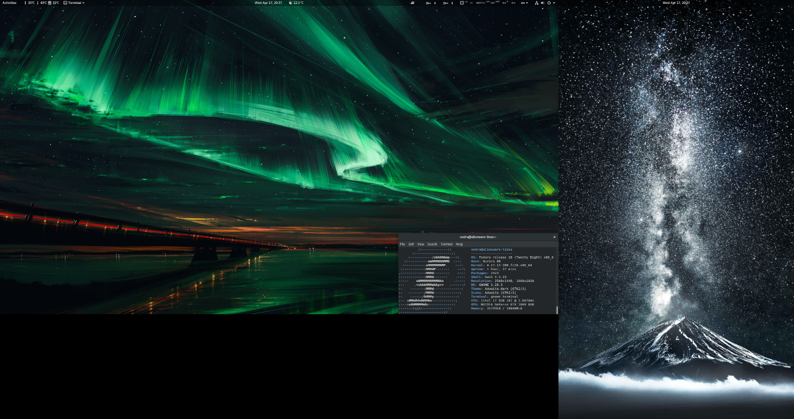 Na plochu se nekoukam, tak tam ani nic nemam :) QHD + FHD na vysku. Fedora 28, DE Gnome + extensions
