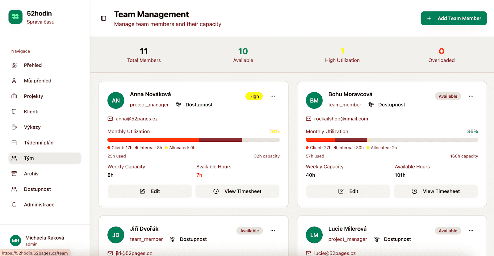 Přehled a administrace všech členů týmu a jejich kapacit.
