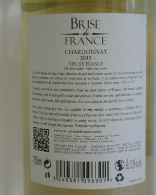BRISE DE FRANCE, CHARDONNAY, 2013, bílé víno suché, 12,5% vol., víno z Francie,