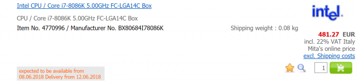 Core i7-8086K v katalozích obchodů (Zdroj: VideoCardz)