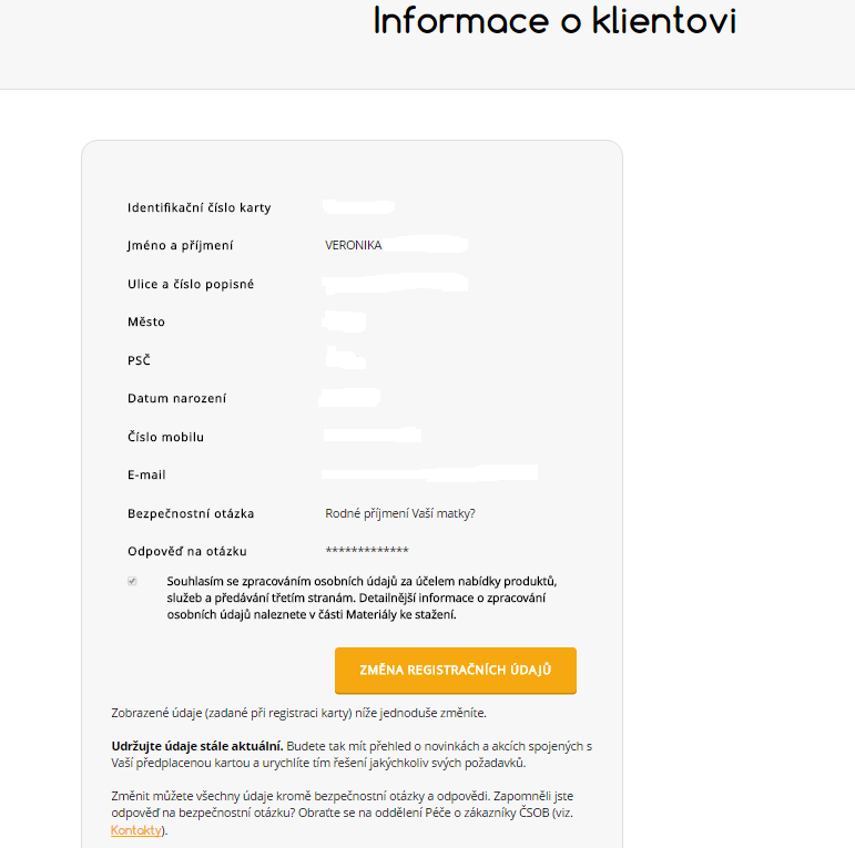 Informace o klientovi.