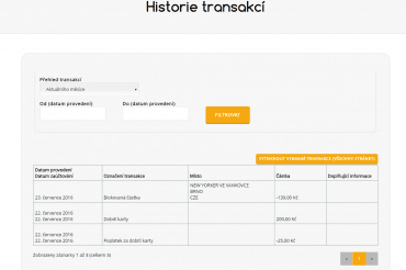 Historie transakcí.