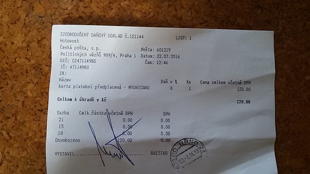 Platební doklad od České pošty.
