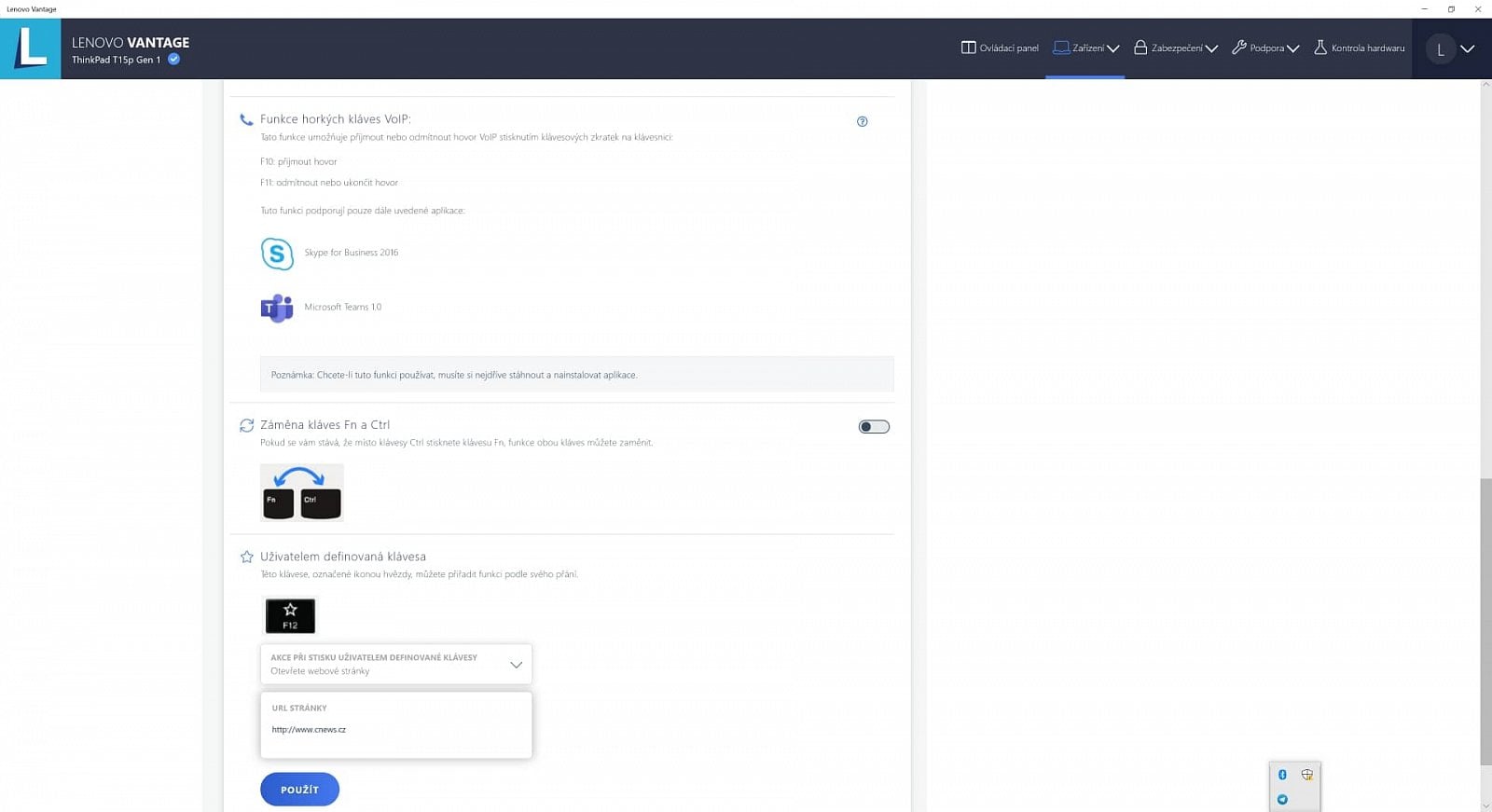 Lenovo ThinkPad T15p screen Vantage3