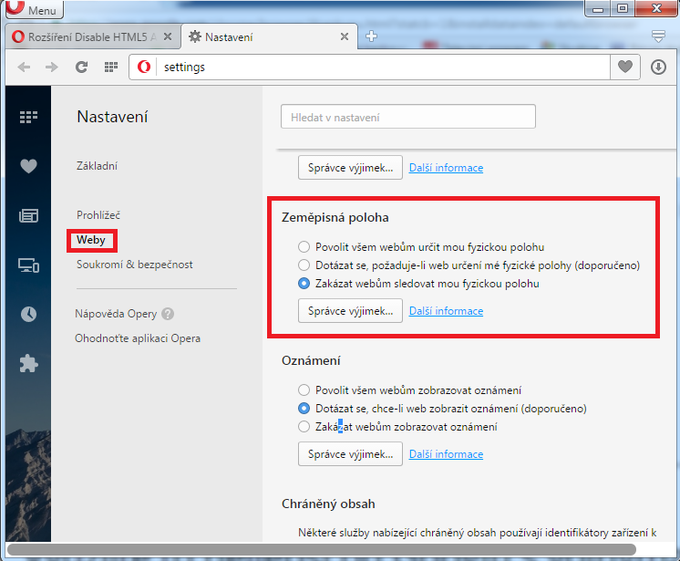 Nastavení zjišťování polohy v internetovém prohlížeči Opera